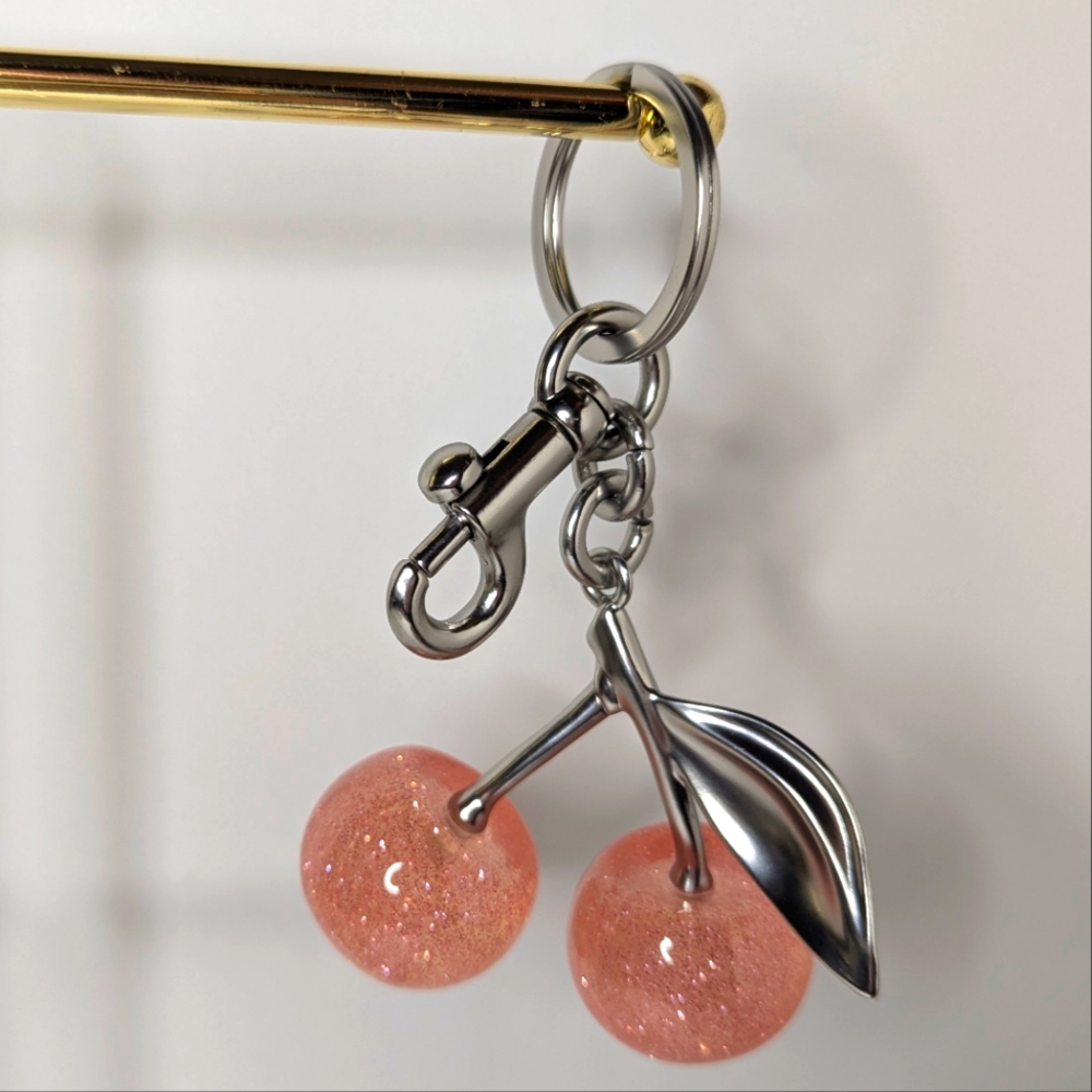 Peachy Pink Sparkle Cherry Bag Charm
